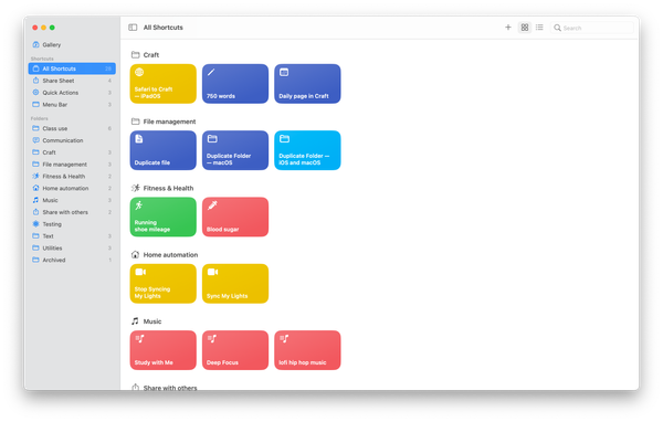Screenshot of the main window in the Shortcuts app